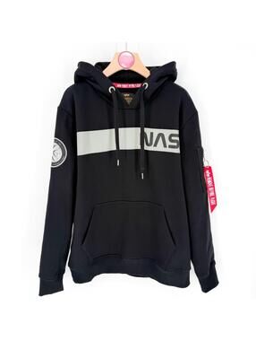 Alpha Industries NASA Hoodie Zip Pull Tag Black Gray Pullover Logo Pocket Mens M